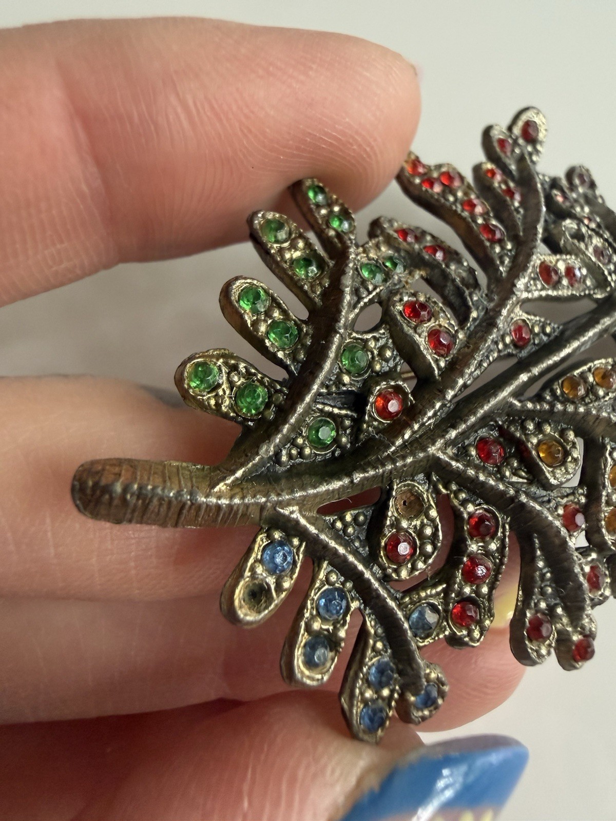 Little Nemo Brooch Leaf Rhinestones Red Blue Green Yellow Silver Tone 2.75”