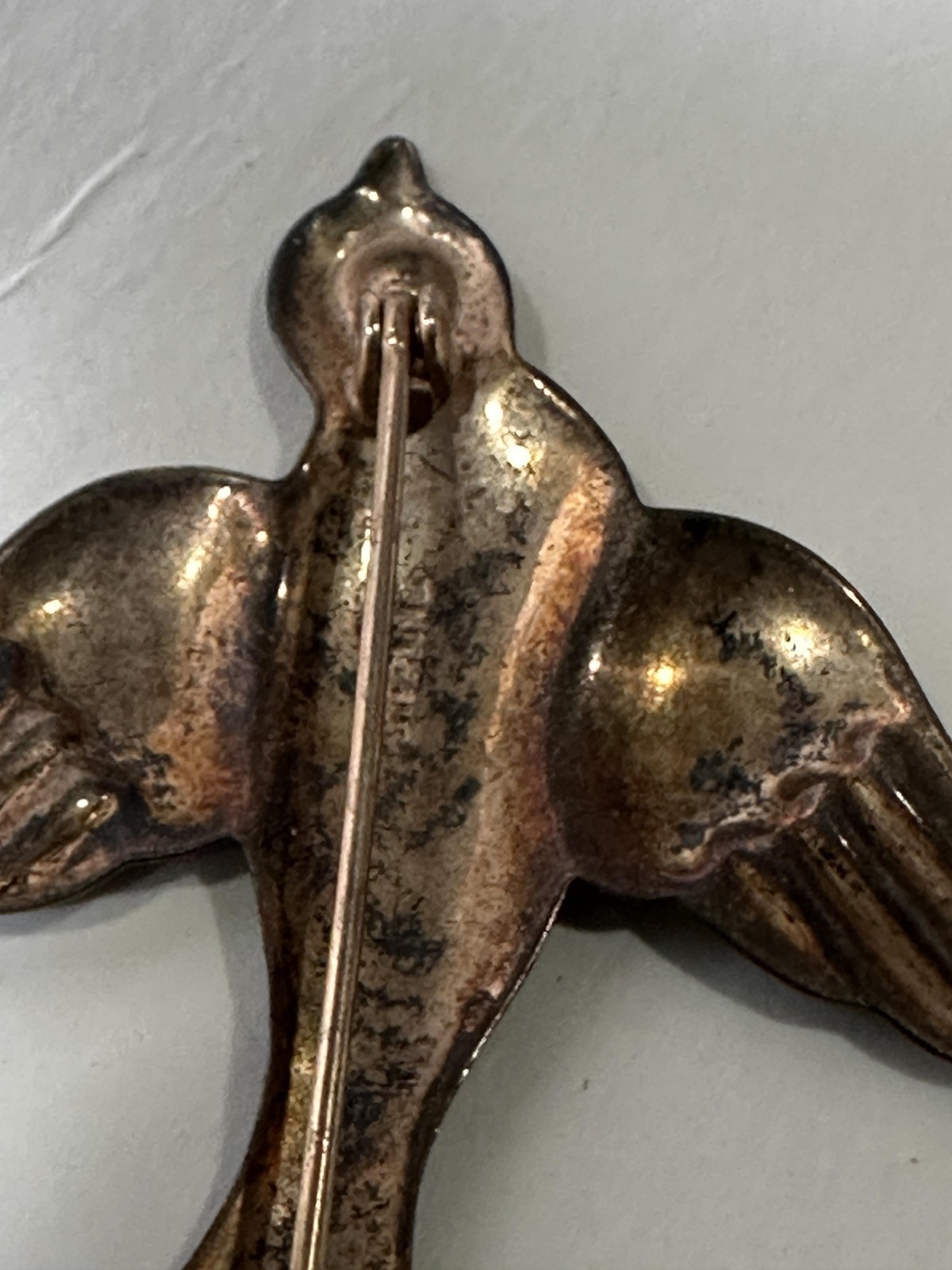 Vintage Sterling Silver Flying Swallow Bird Brooch Pin Red Glass Rhinestone Eye
