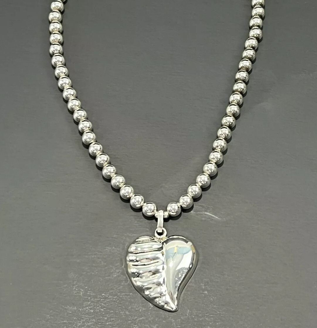 Sterling Silver Ball Bead Chain Necklace W Heart Pendant , Taxco 8mm 20” 32g