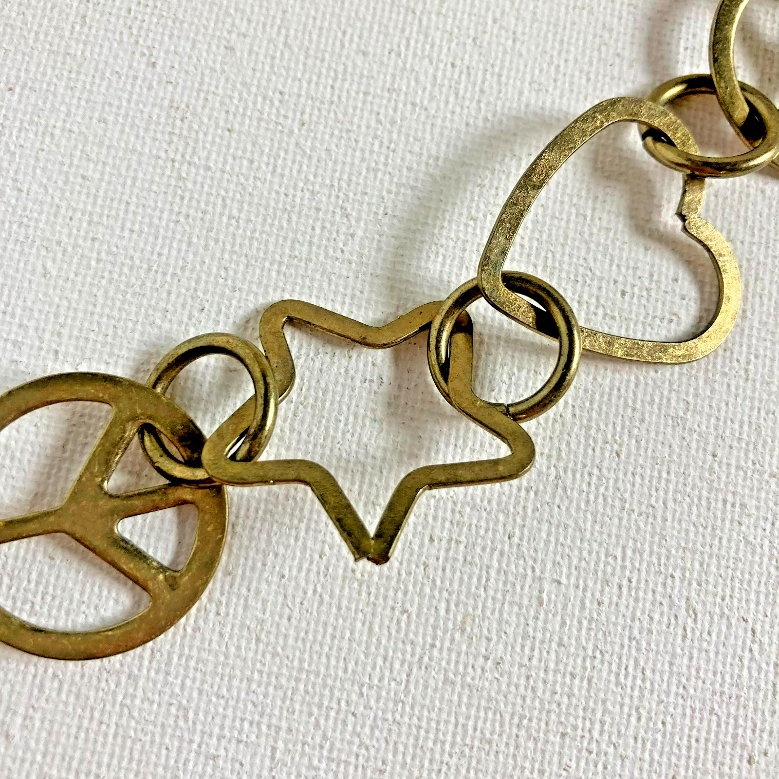 Bracelet Vintage Brass Chain of Hearts, Peace Signs and Stars 6.5″ Lobster clap