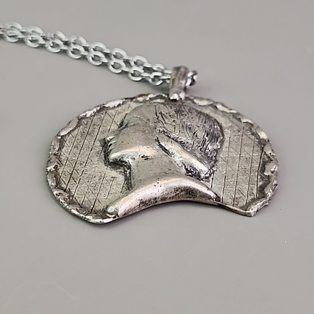Vintage Lady Profile Necklace Repousse Silver Tone 23.5″