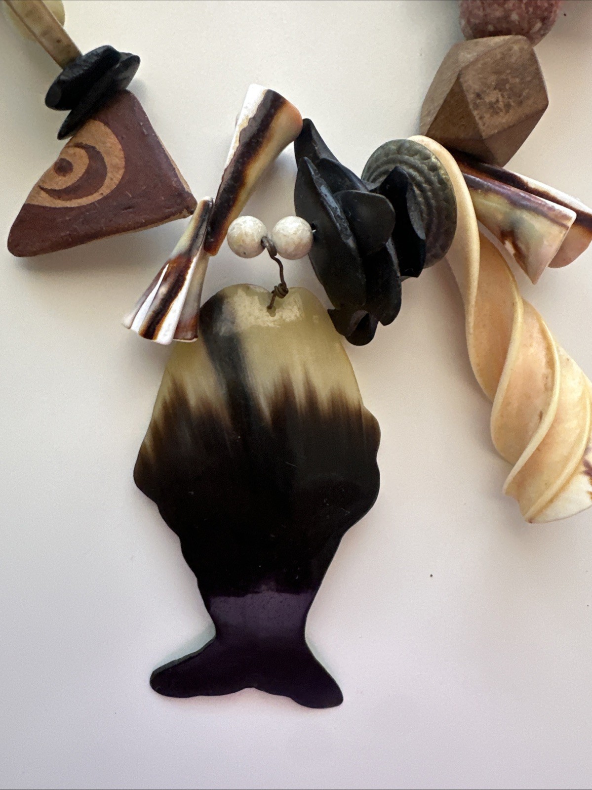 Vtg Polished Horn Fish Pendant Chunky Statement Necklace.See pics.