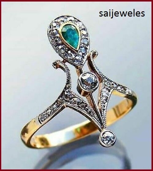Art Deco 2CT Lab-Created Green Emerald Antique Vintage 14K Yellow Gold Over Ring
