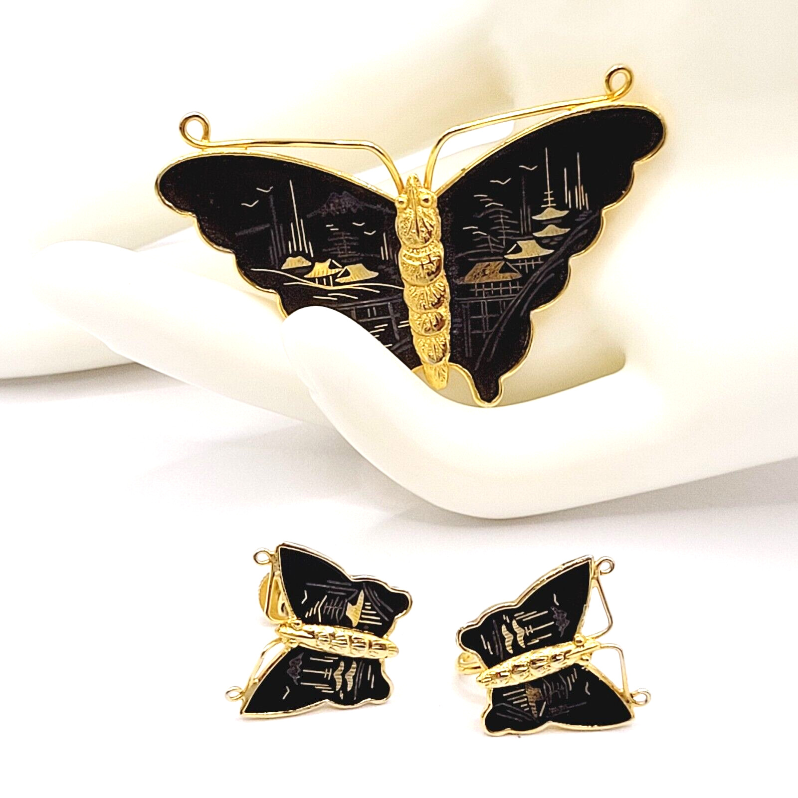 Black Butterfly Damascene Bright Gold Tone Vtg Screw Back Earrings & Brooch Set