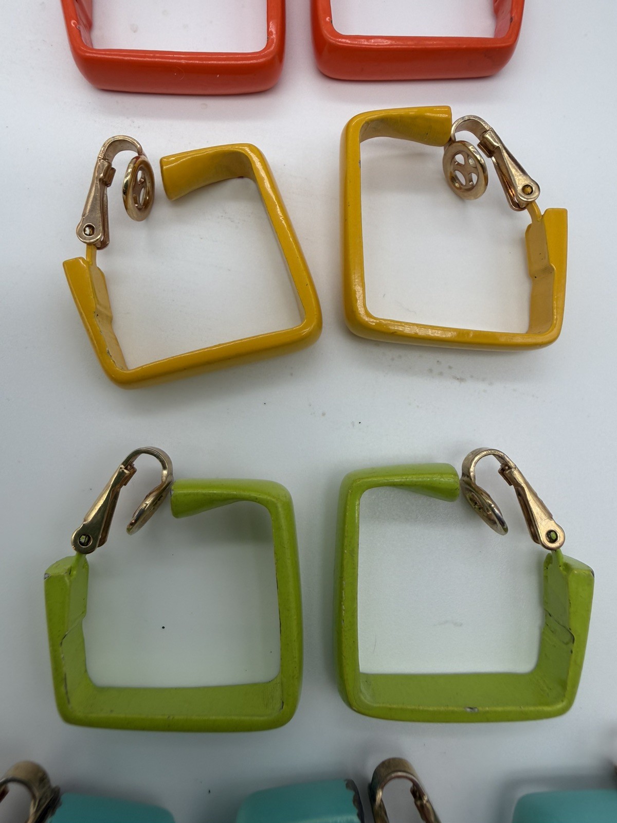 Vintage Crown Trifari Enamel Square Hoop Clip On Earrings Lot Multi Color 1960s