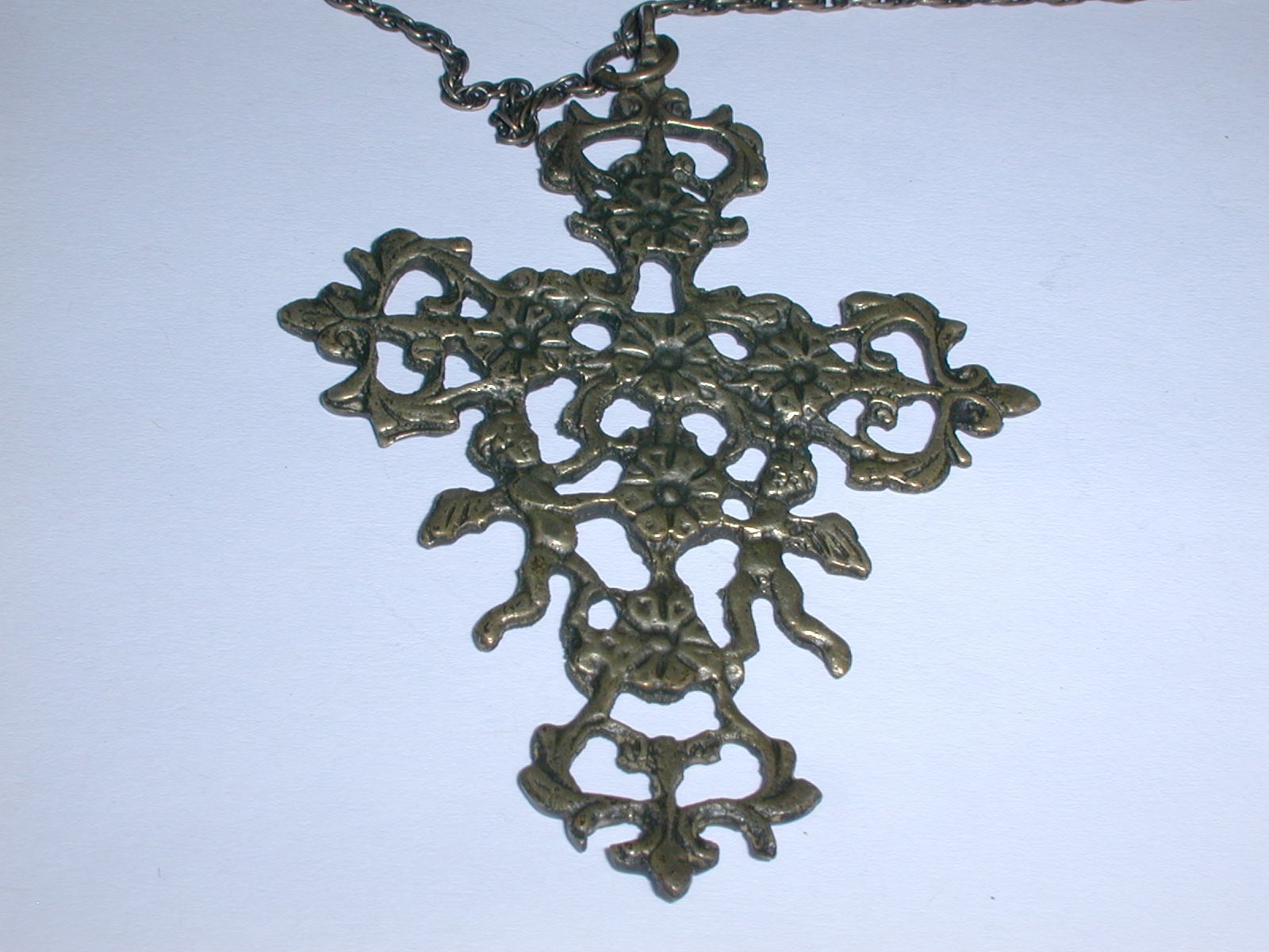 ART NOUVEAU ITALIAN CHERUB ROSES STERLING CINI PERUZZI CROSS PENDANT NECKLACE!