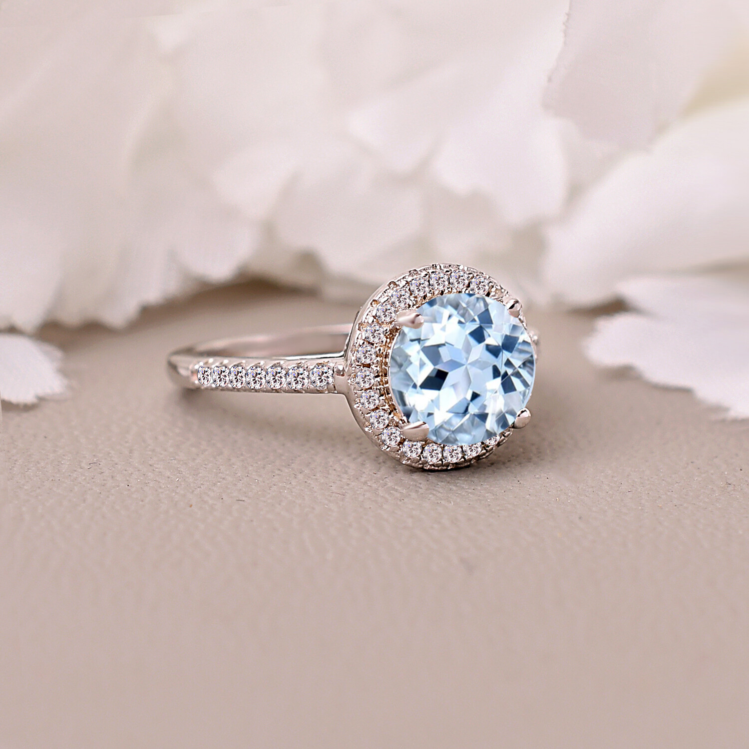Round Cut Aquamarine Wedding Ring Anniversary Gift For Her Couple Ring Halo Ring