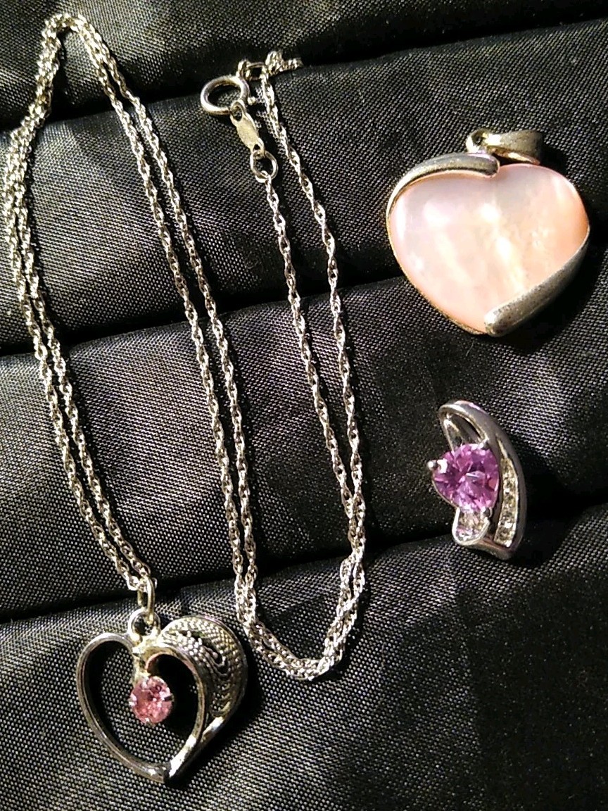 925 Sterling Silver Chain 3 Pendant Pink Mother Pearl Heart Diamond Accent L309