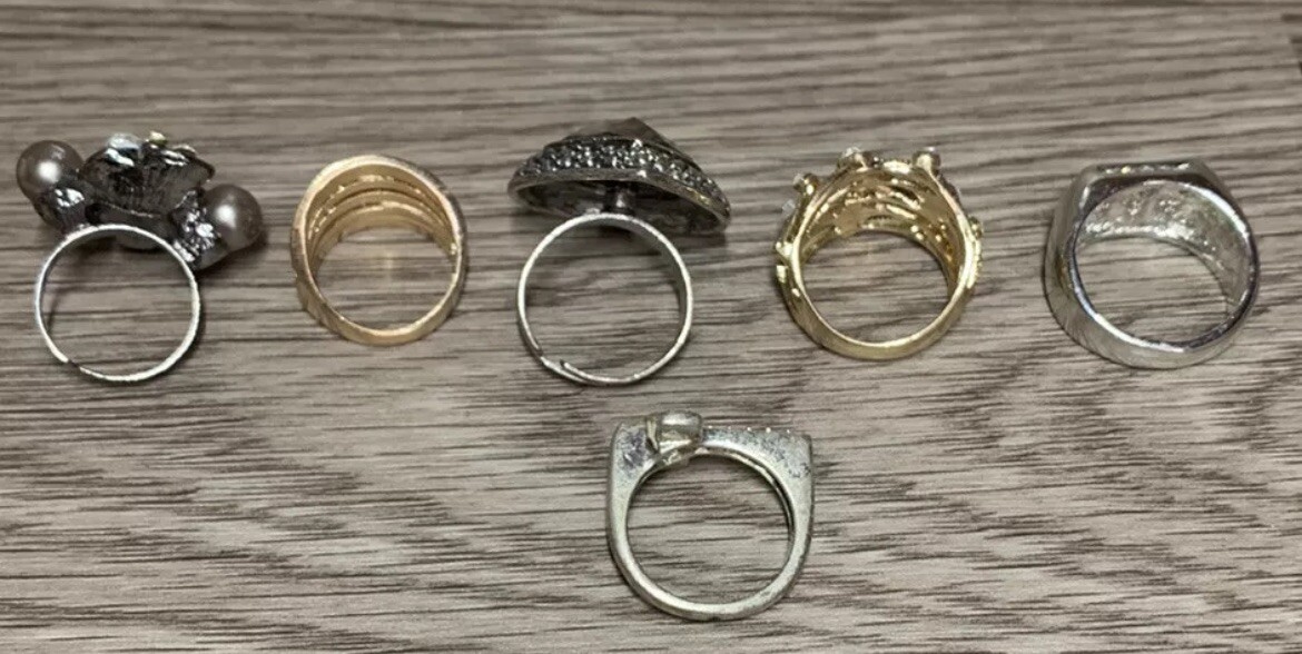 6 Vintage Assorted Silver & Gold Costume Rings, Adjustable & Fixed Sizes
