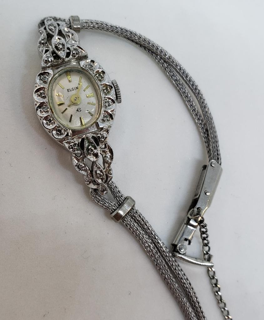 Elgin Cocktail Wristwatch 10k White Gold RGP Bezel Stainless Back JB 10k GF Band