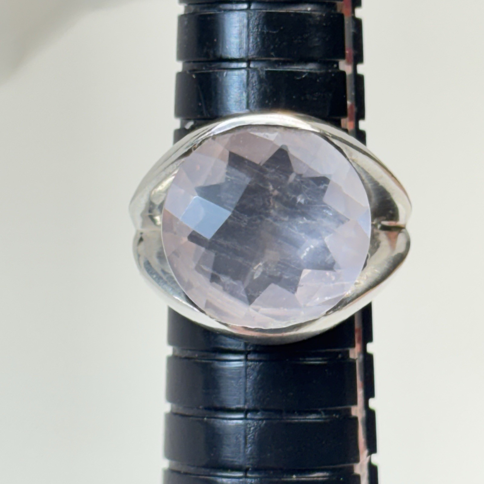 Vtg Hand Cast Sterling Silver 925 Faceted Round Pink Quartz Band Ring Size 7