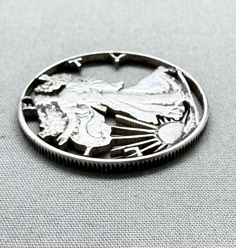 Vintage Silver Walking Liberty Cut Out Pendant Half Dollar Coin Unknown Date