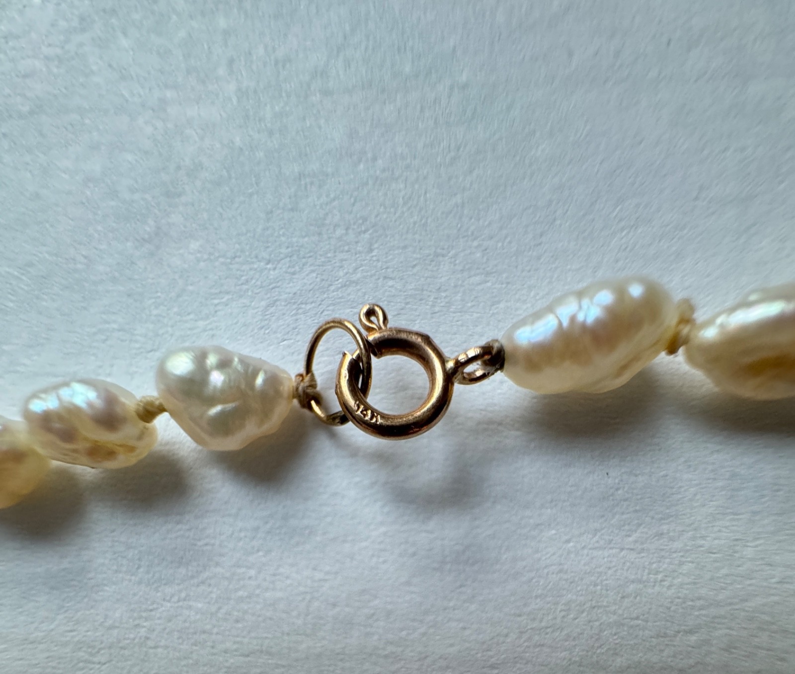 Vintage 1983 Baroque Freshwater Rice Pearl Single Strand Necklace 16” 14Kt Gold