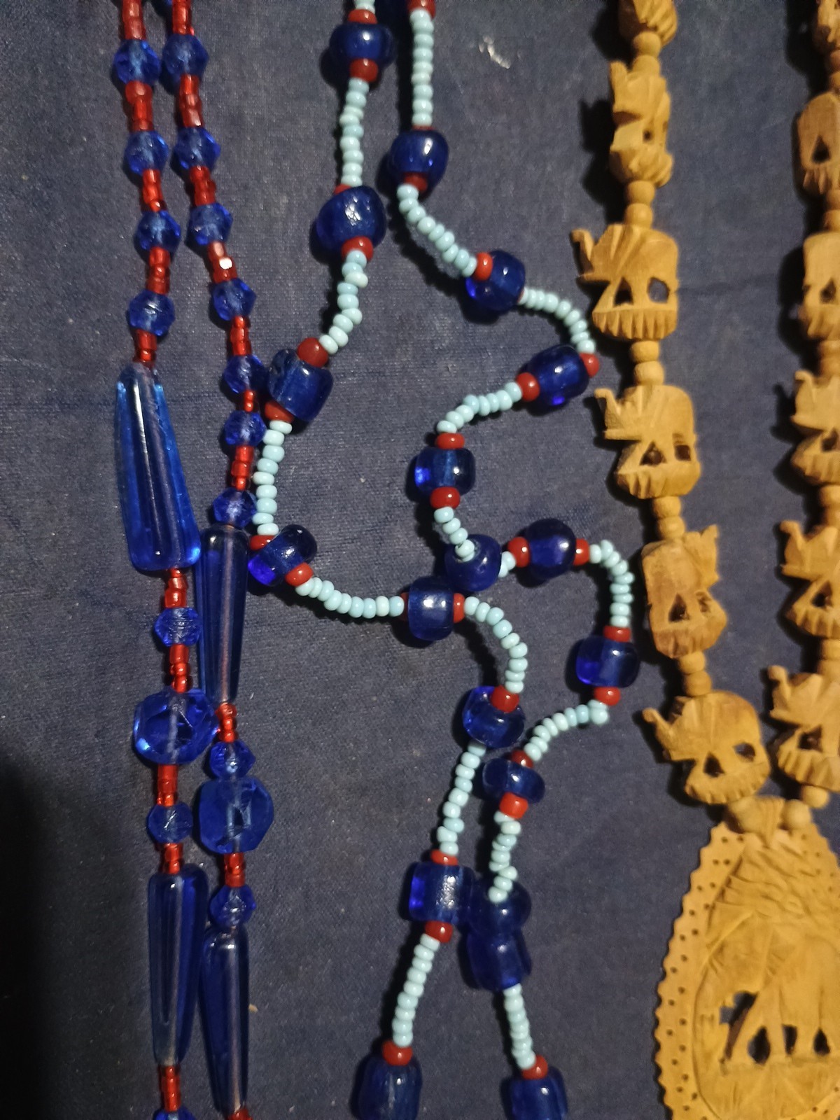 1 Vtg Carved Wooden African Elephant Necklace,Plus 3 Beaded Necklaces.