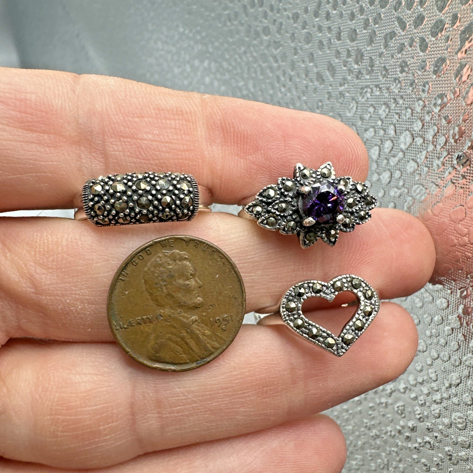Vintage Sterling Silver Lot 3 Beautiful Marcasite Rings Sizes 5.75, 7.75 & 8