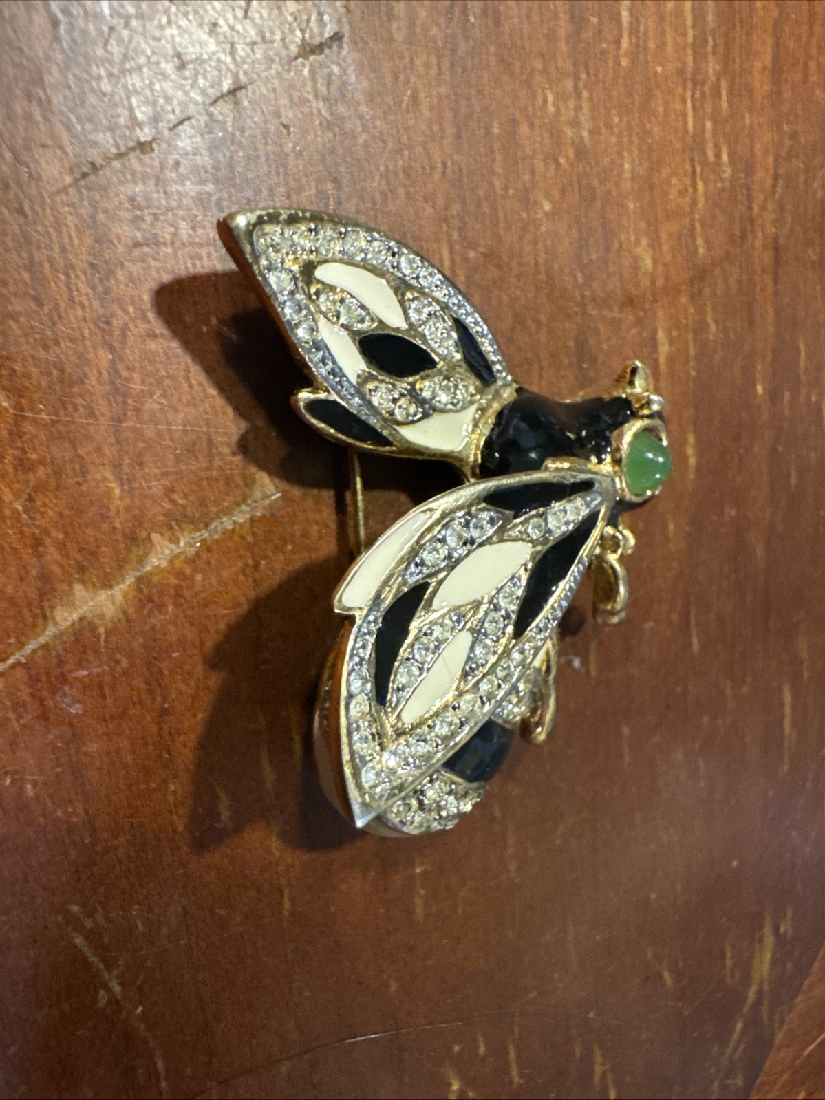 Vintage Kenneth J Lane Bee Brooch Black & White Enamel, Crystals, Green cabochon