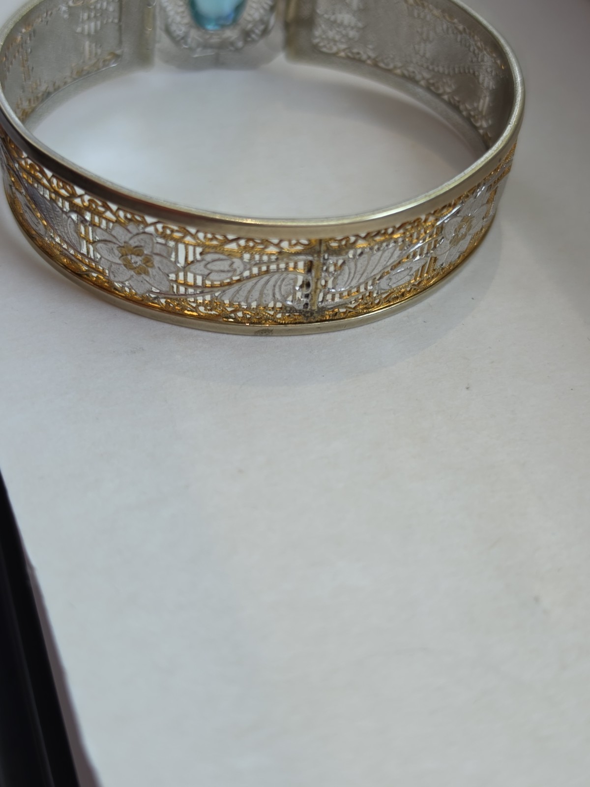 1930s Art Deco Filigree Bracelet Hinged JJ White Mfg Co Pat 1955576 Blue Gem