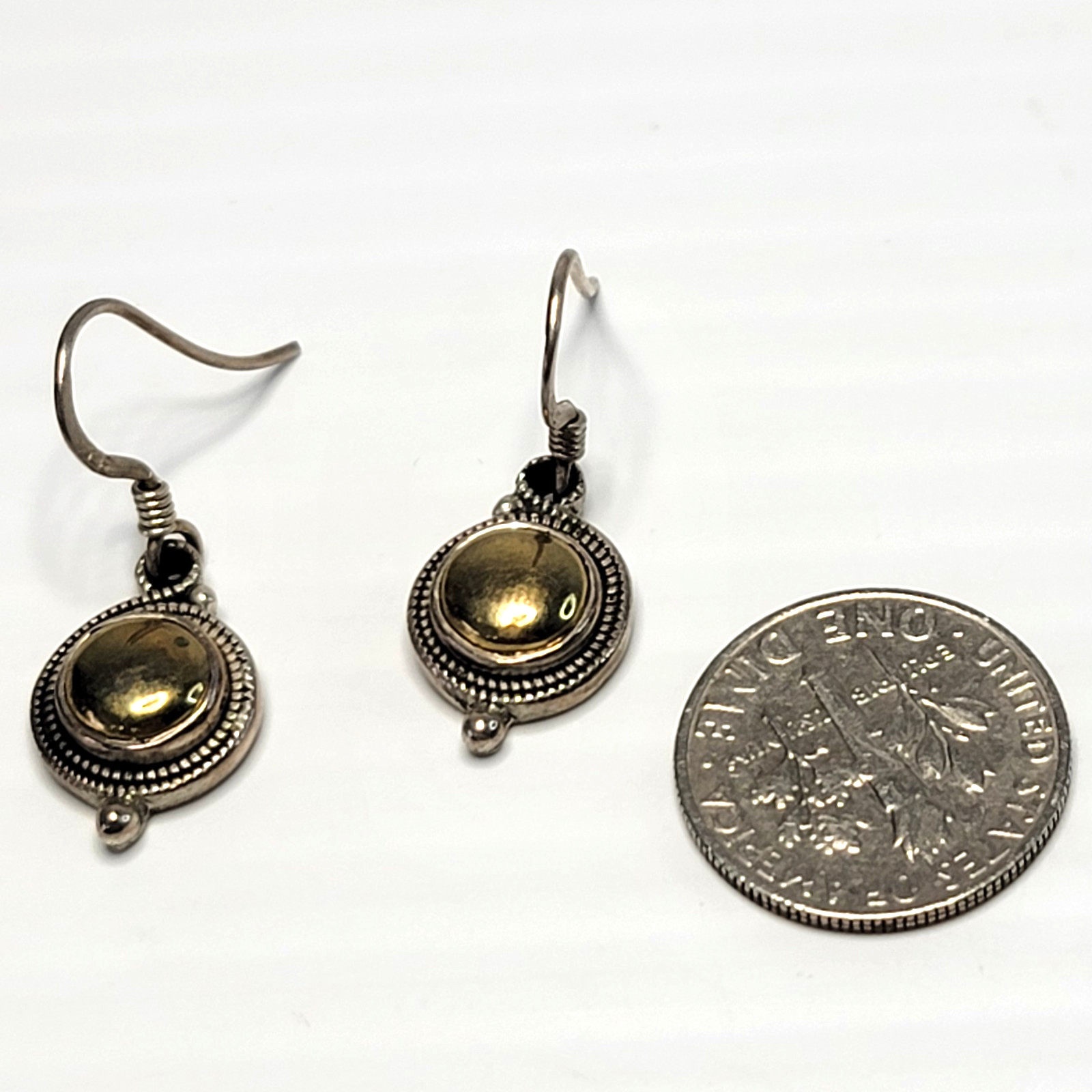 Vintage Gold Hematite Sterling Silver 925 Earrings Two Tone Dangle Drop 1″ Lobe