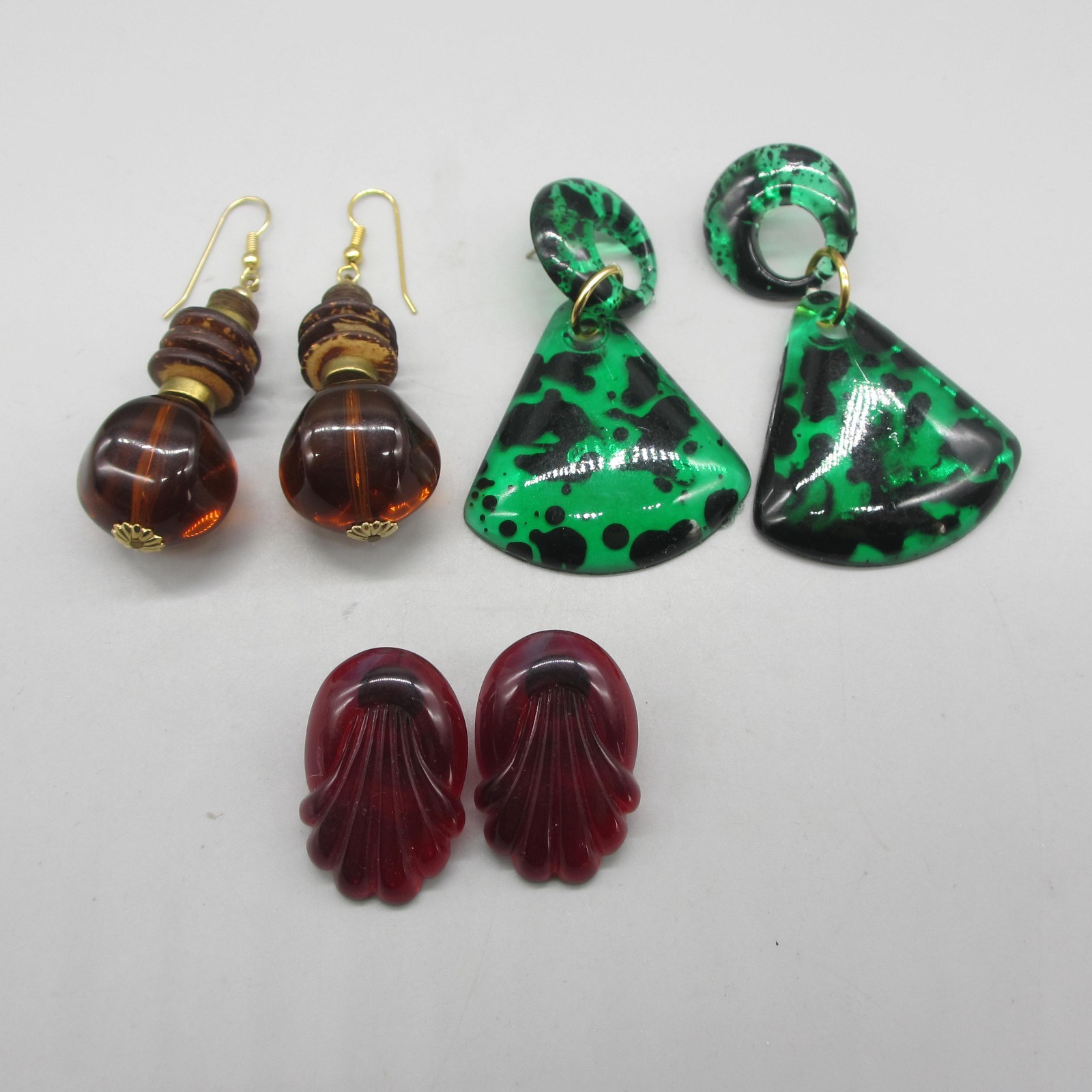 Vtg Lucite Earrings Drop Dangle Green Red Brown Hook for Pierced Ears lot of 3
