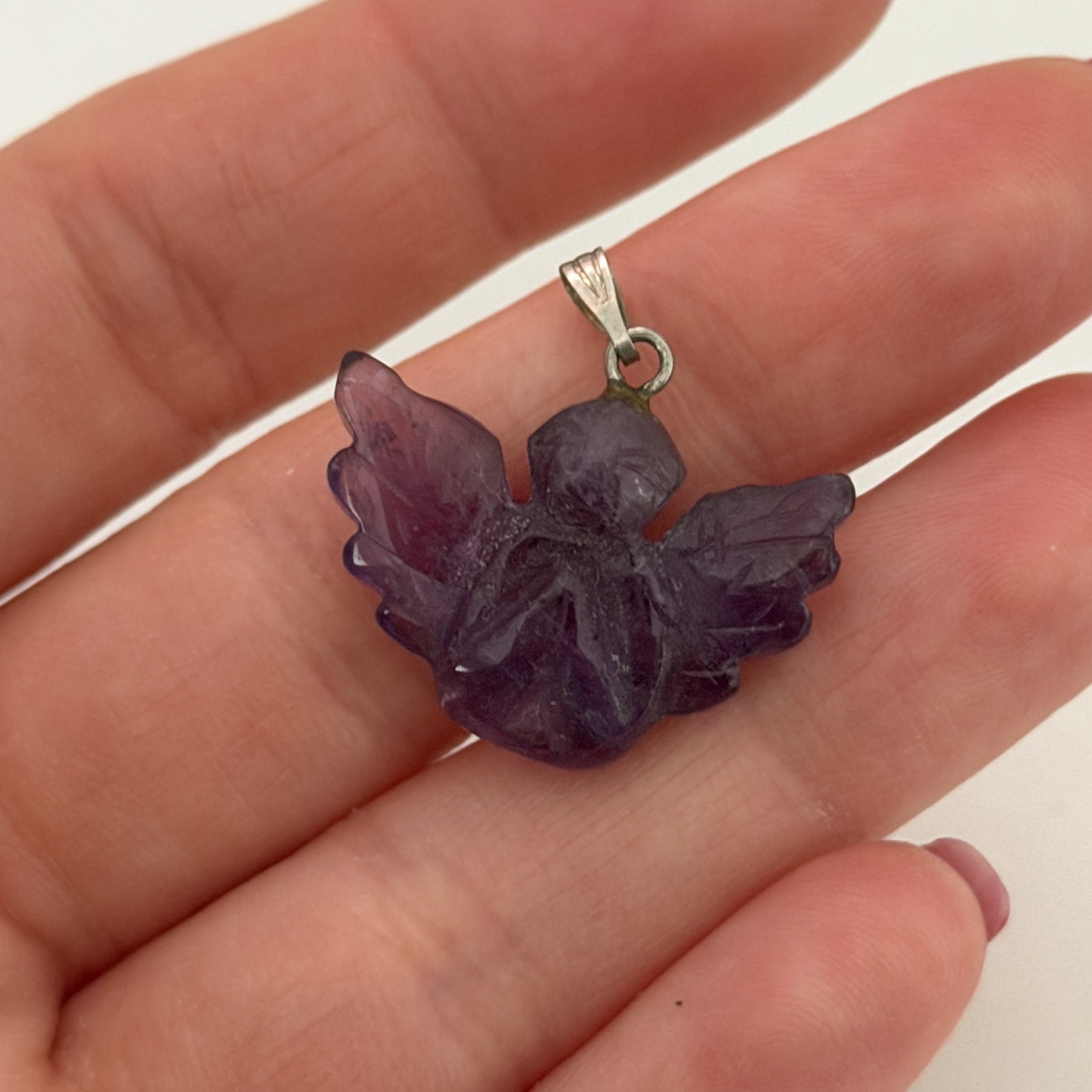 Genuine Amethyst Carved Guardian Angel Lucky Charm Pendant