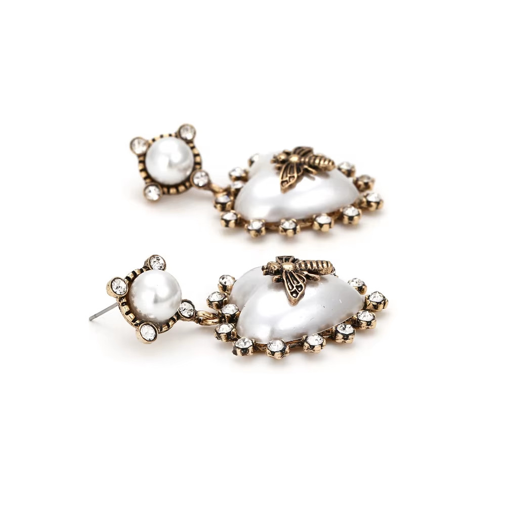 Heart Shaped Pearl Bee Earrings Gold Victorian Wedding Bridal Statement Jewelry