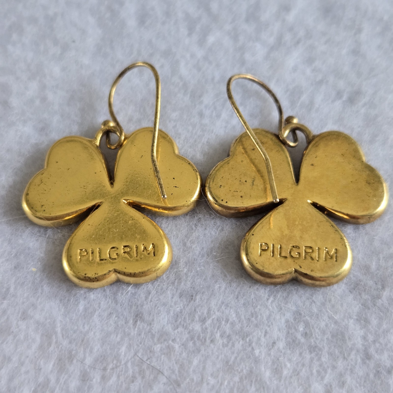 Signed Pilgrim Gold Plate and Black Enamel Clover Shape Dangle Earrings