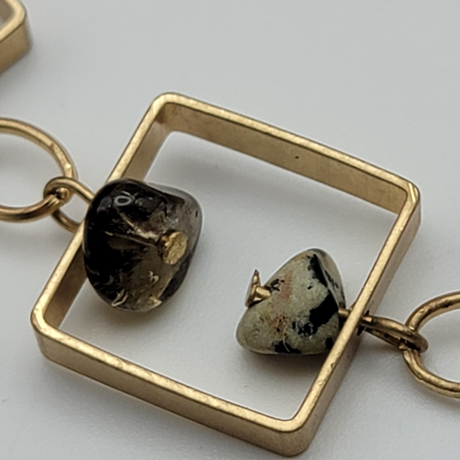 Art Deco Multi Gemstone Charm Square Frame Link Chain Necklace Gold Tone 21″ Adj