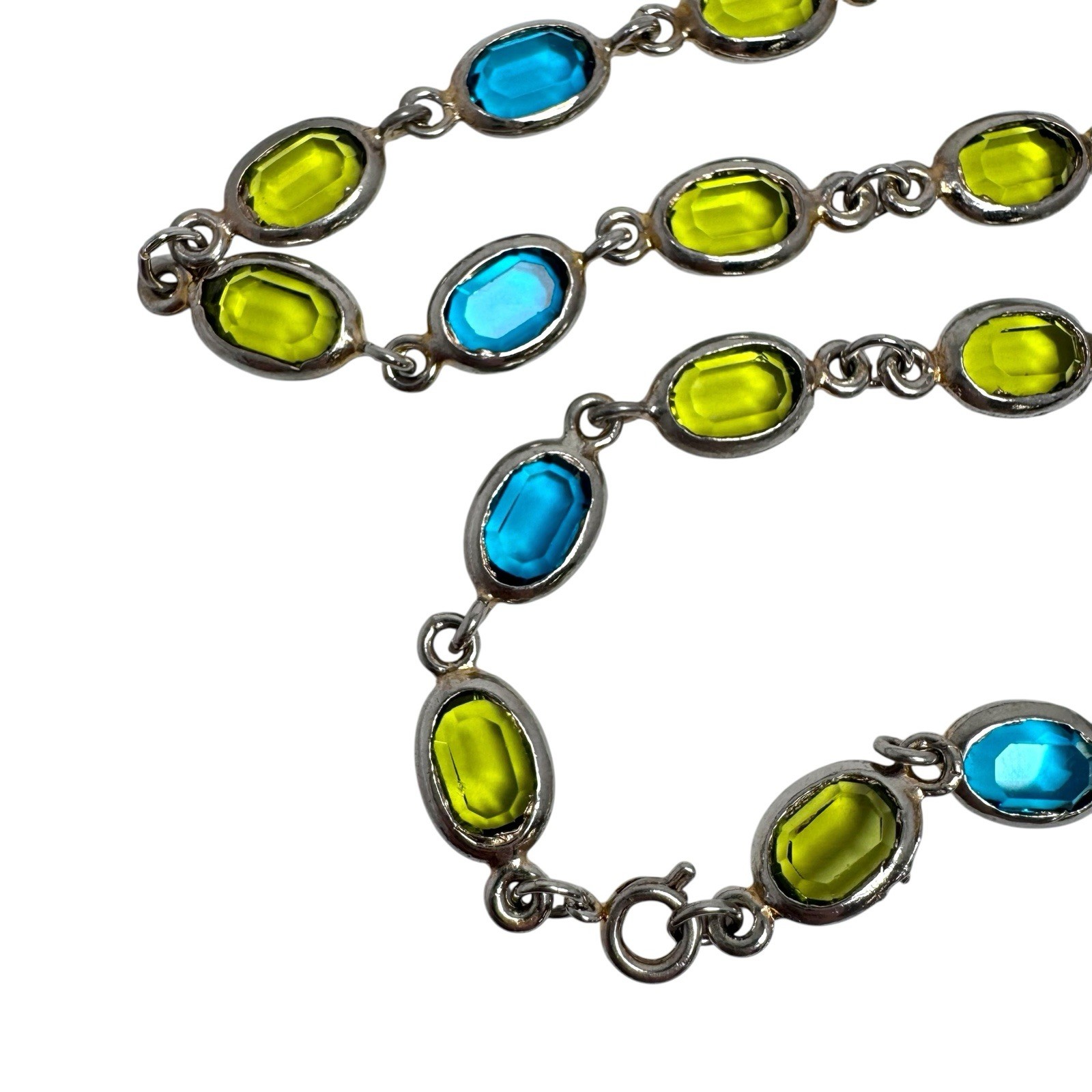 Vintage Silver Tone Necklace w/Framed Blue & Green Faceted Crystal Ovals