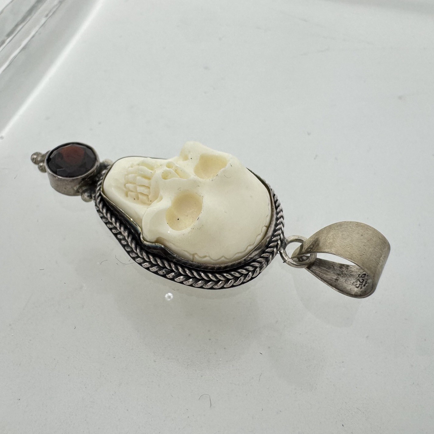 Sterling Silver Skull Carved Bovine None W/ Garnet Pendant 1.75”