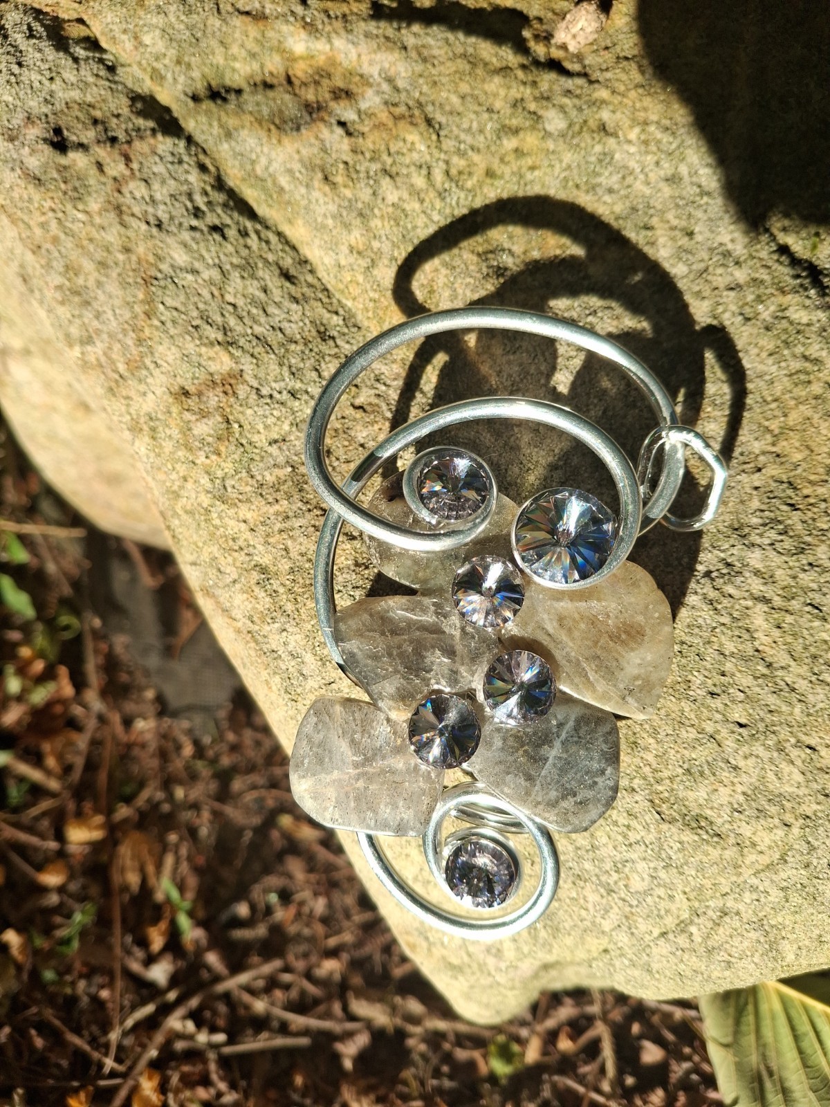 Jeff Lieb Mixed Media Modernist Abstract Swarovski Crystal Moonstone Pendant 4″