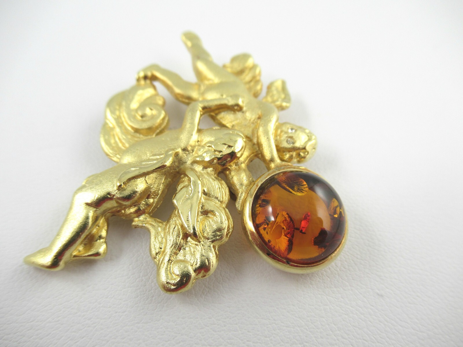 Signed LS Vintage Angel Amber and Matte Gold Tone Brooch Louis Stern