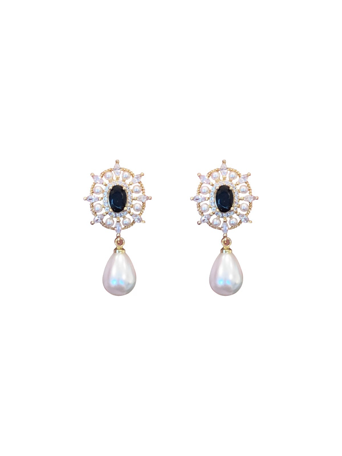Vintage Black Stone Pearl Drop Earrings Gold Tone Elegant Bridal Dangle