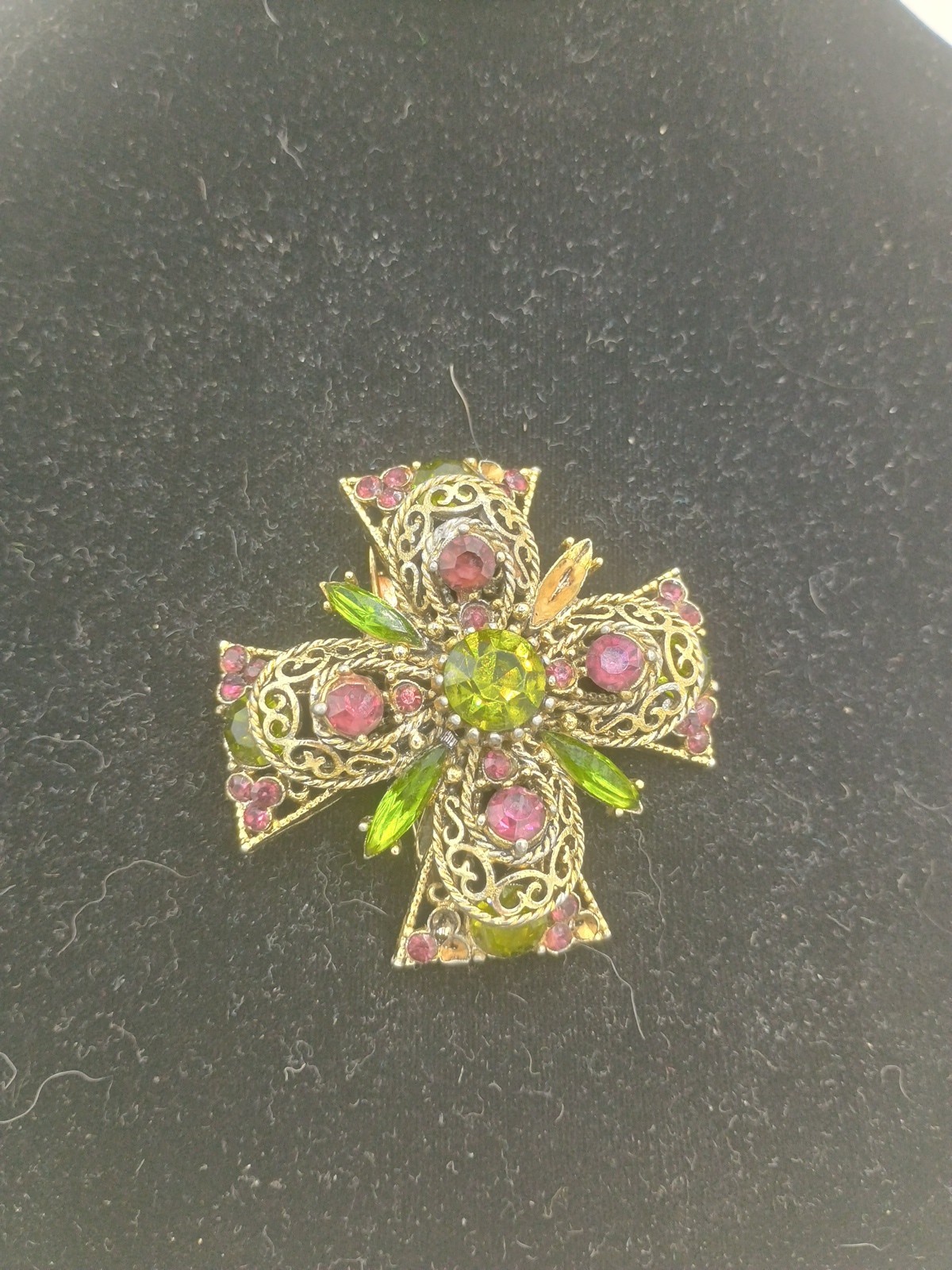Emmons Rhinestone Cross Pin L Green and Purple 2.25in x 2..25in Gold Tone