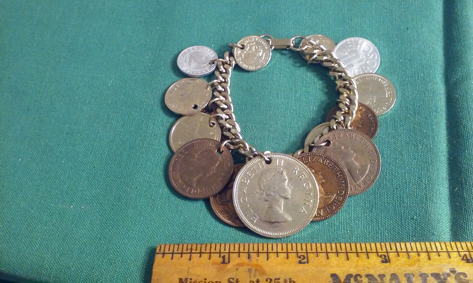Vintage 15 RARE 1950’s Coin Charm Bracelet South Africa, India, Osterreich 8″