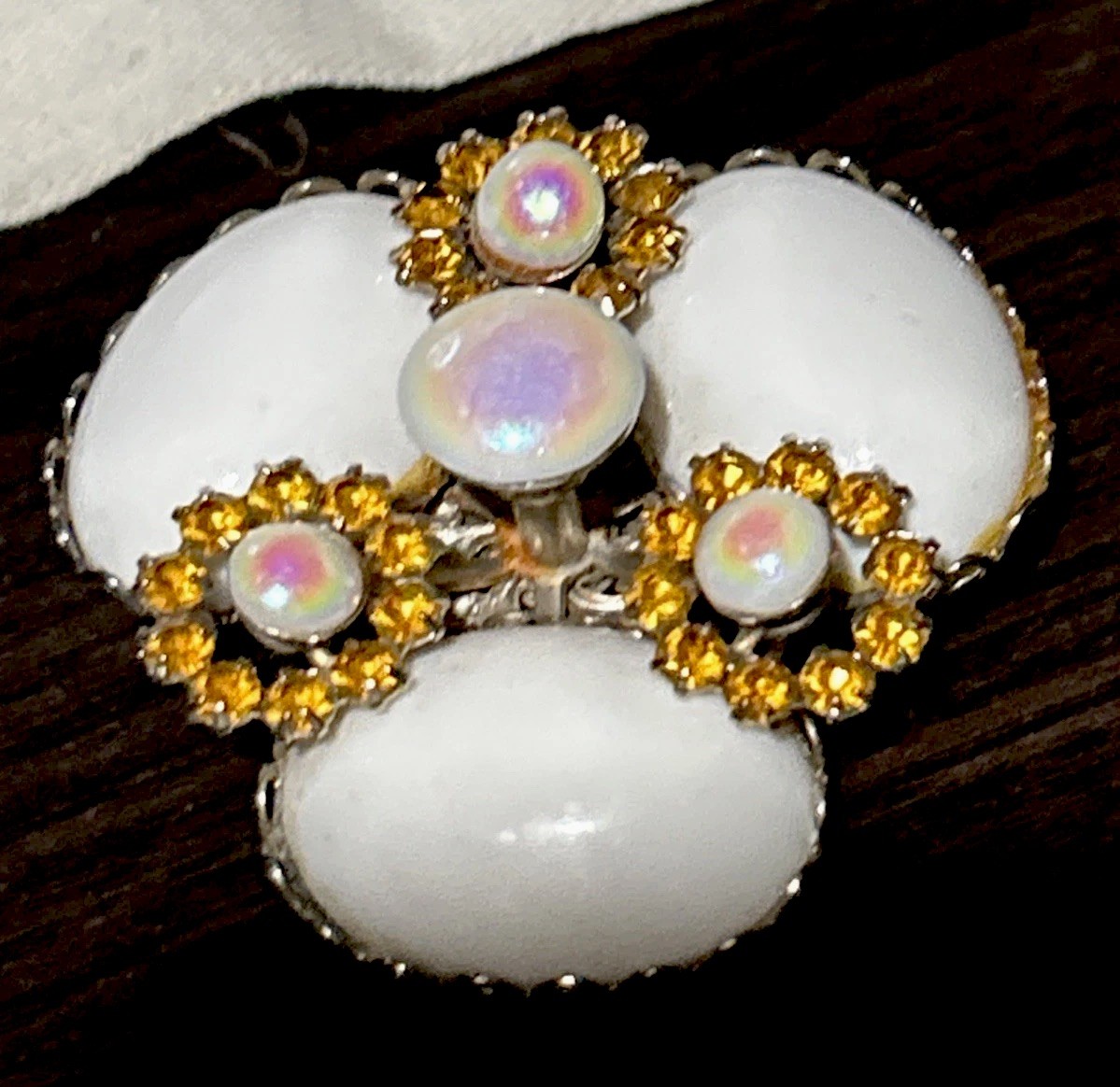 Vintage Milk Glass Opaline Cabs Topaz Large Silver Tone Brooch Pin