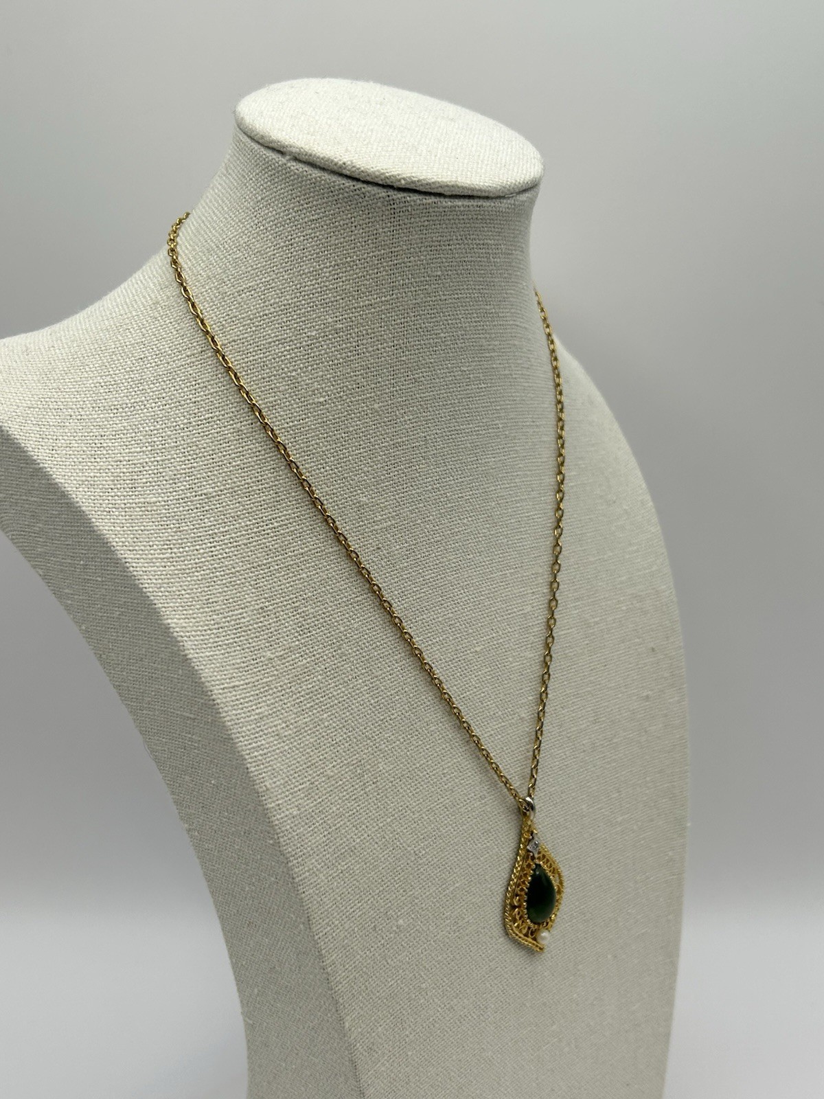 Vintage Green Jade Diamond Cultured Pearl Filigree Gold-tone Pendant Necklace