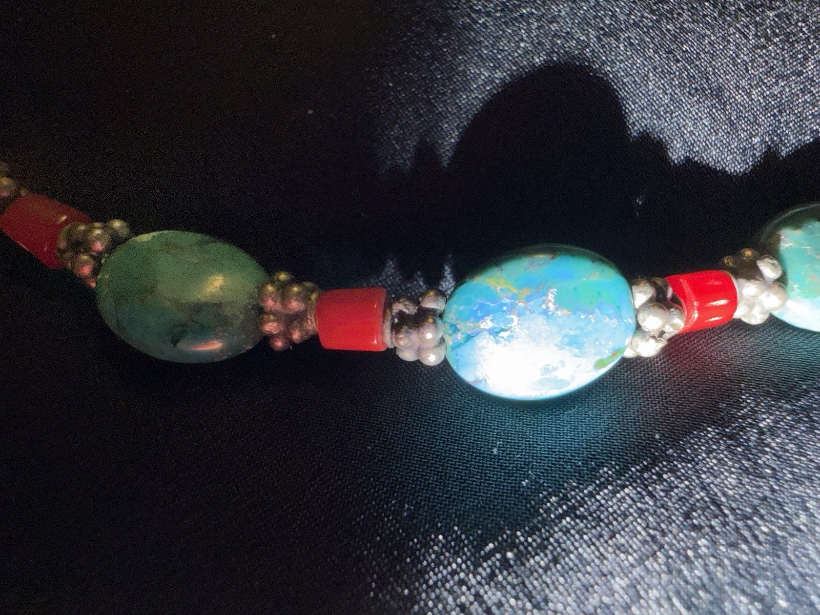Vintage Turquoise And Natural Blood Red Coral & Pewter Silver 925 Clasp 16”