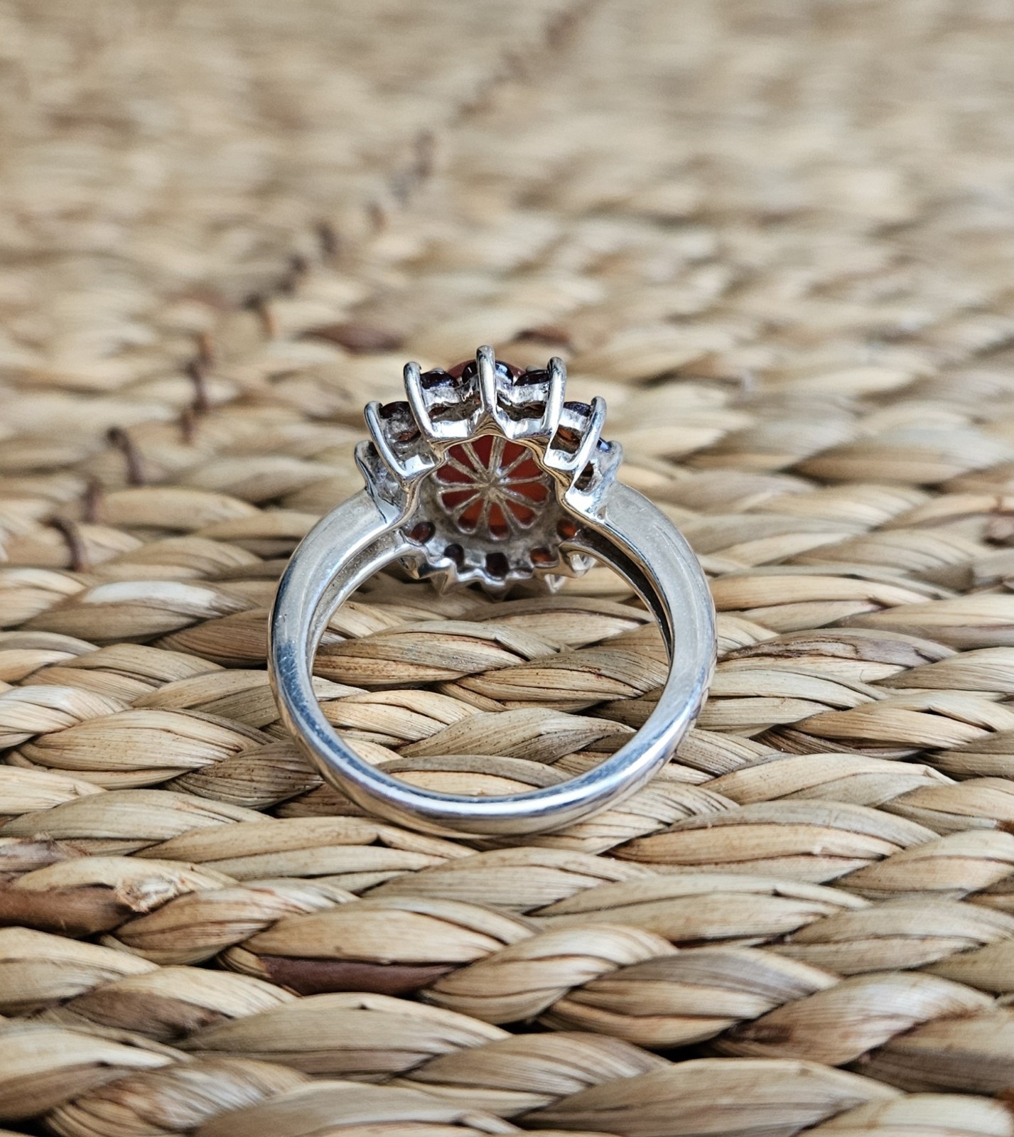 Orange Jade 12 mm Cabochon with Garnets .925 Sterling Silver Ring size 6.75