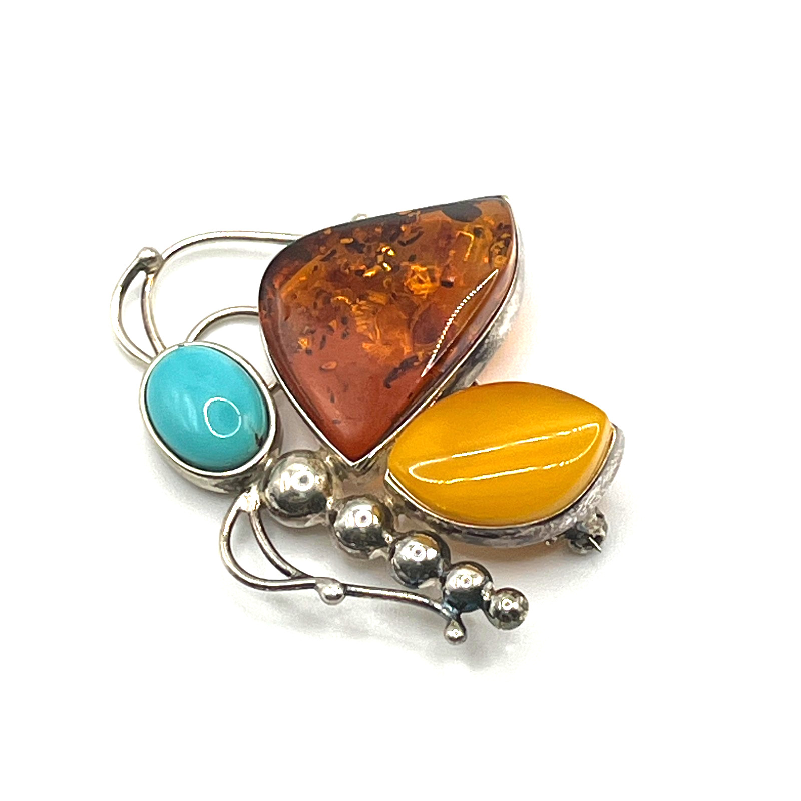 Brooch Valerio V8 Poland Baltic Amber Turquoise Butterfly 80s VTG Sterling 925
