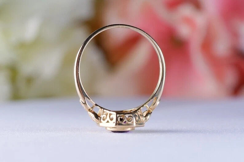 Art Deco Vintage Style Lab Created Amethyst & Emerald Wedding 14K Gold FN Ring