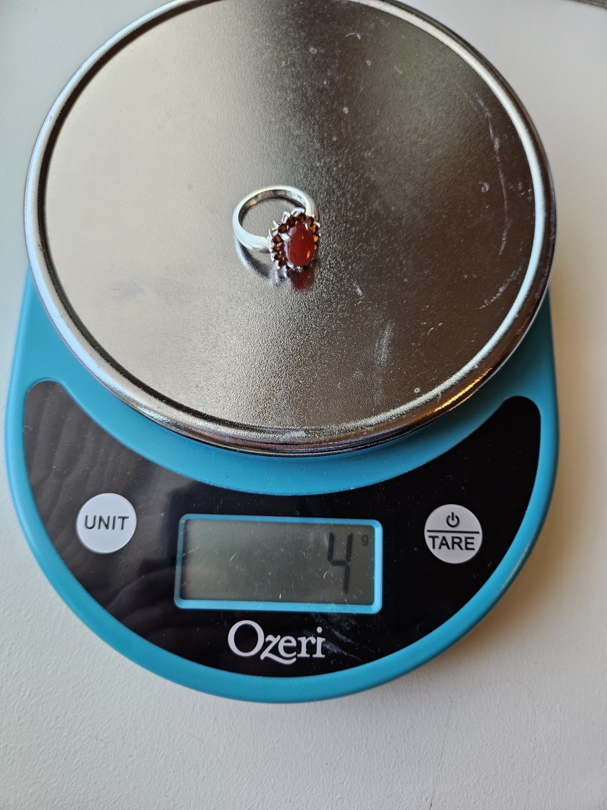 Orange Jade 12 mm Cabochon with Garnets .925 Sterling Silver Ring size 6.75
