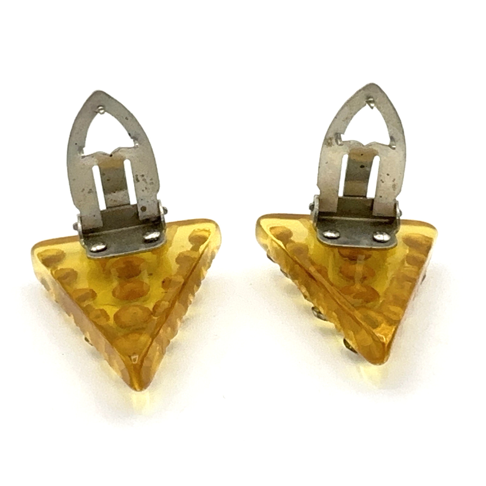 BAKELITE dress clip set – vintage apple juice carved w/ rhinestones triangle pin