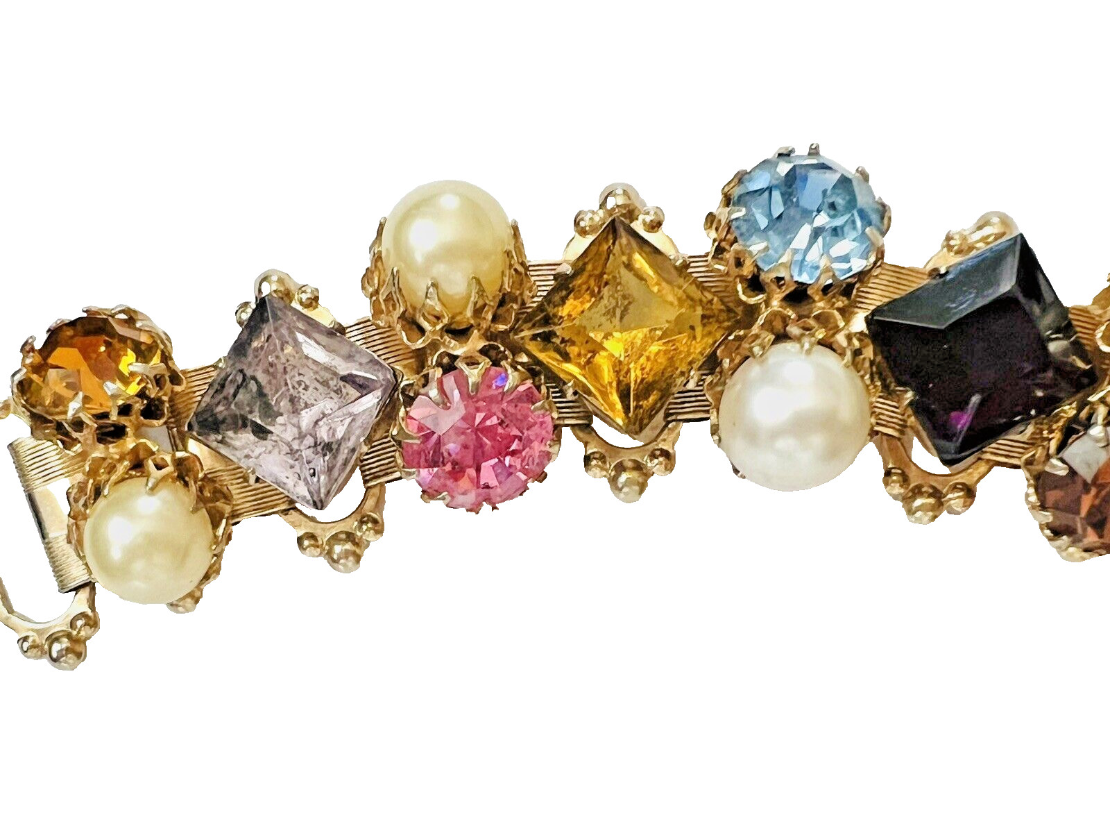 Victorian Revival Gold Tone Multicolored Rhinestone & Pearl Book Chain Bracelet