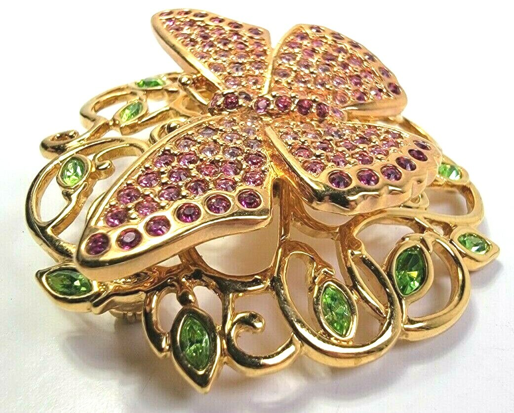 2002 Swarovski Swan Mark Signed Butterfly Brooch Pin Pink Green Rhinestones