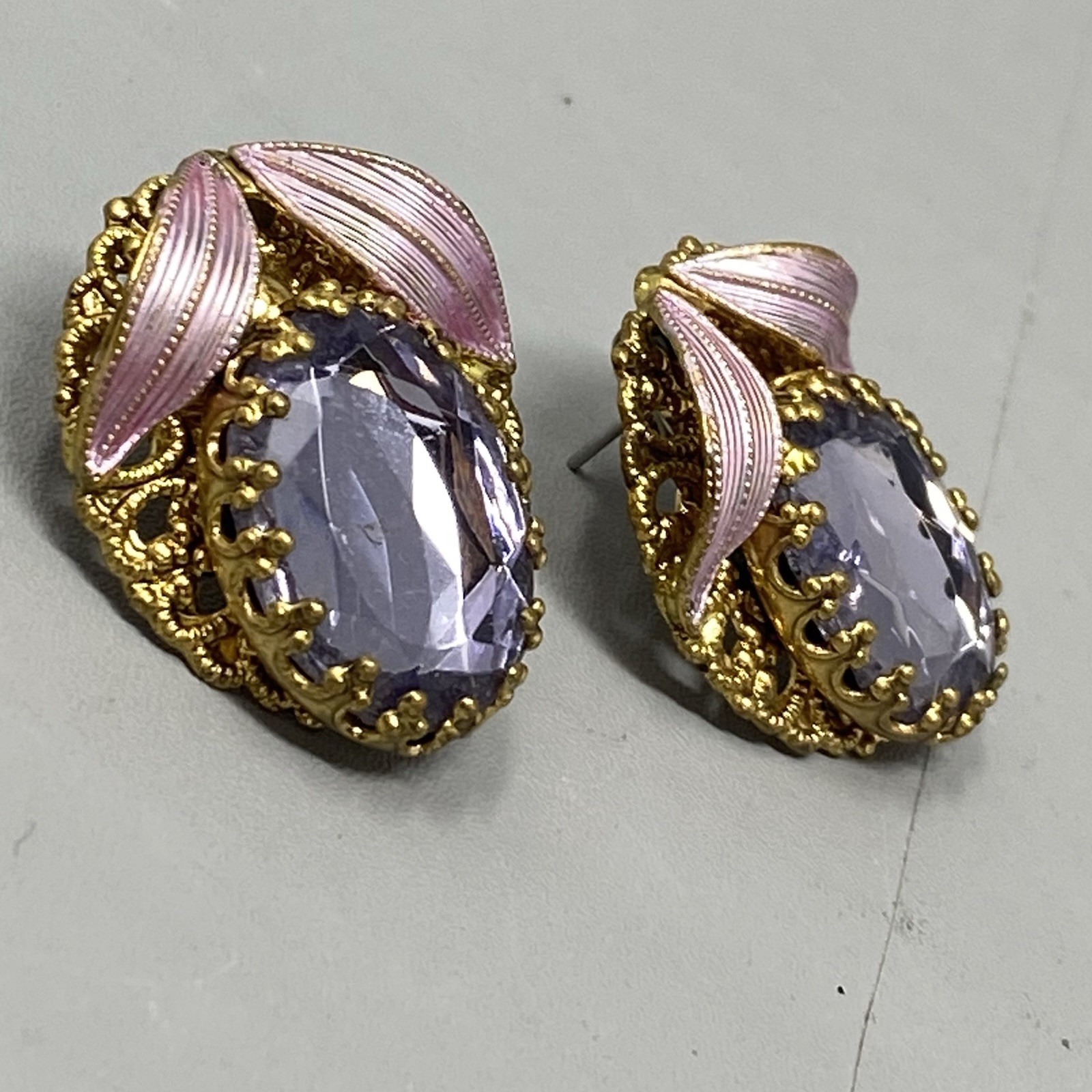 Purple Glass Rhinestone Earrings Pierced Enamel Silk Ribbon W Germany Style 1″