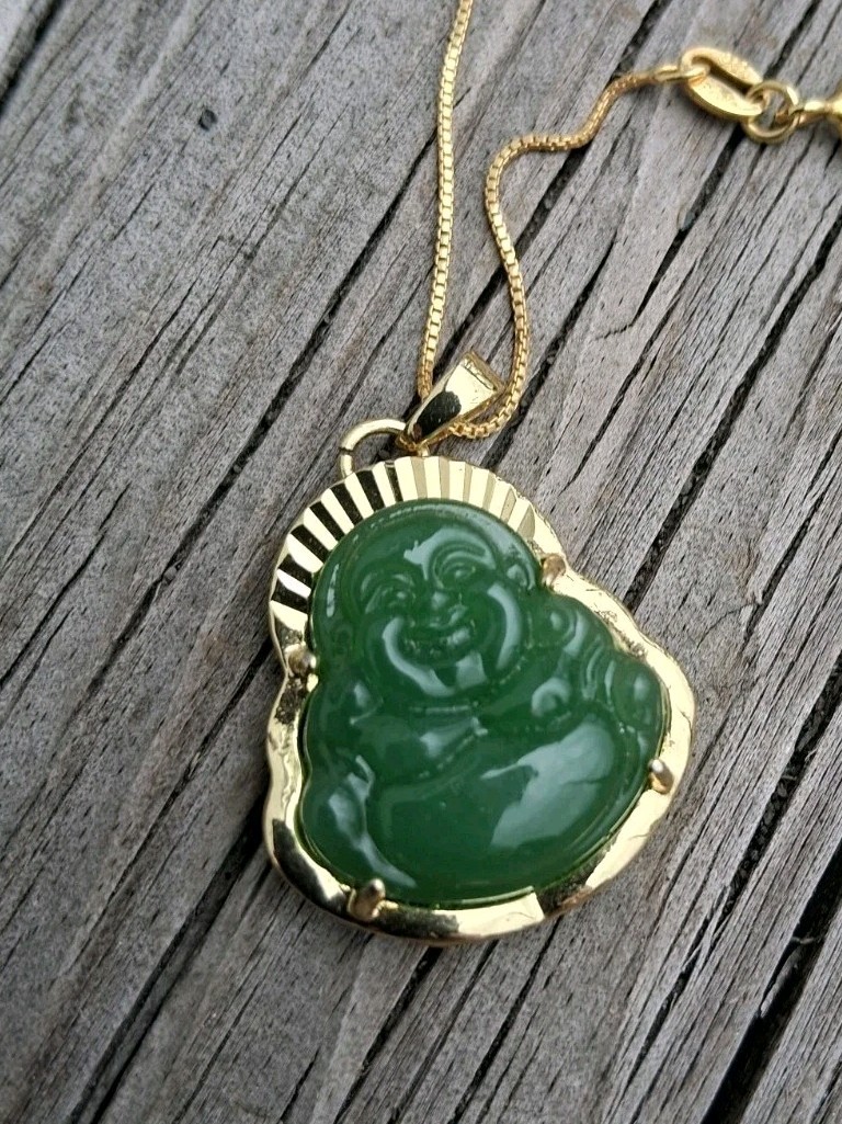 Vtg 925 Jade Laughing Buddah Charm & Necklace PAJ Italy 925 Gold Overlay 18″