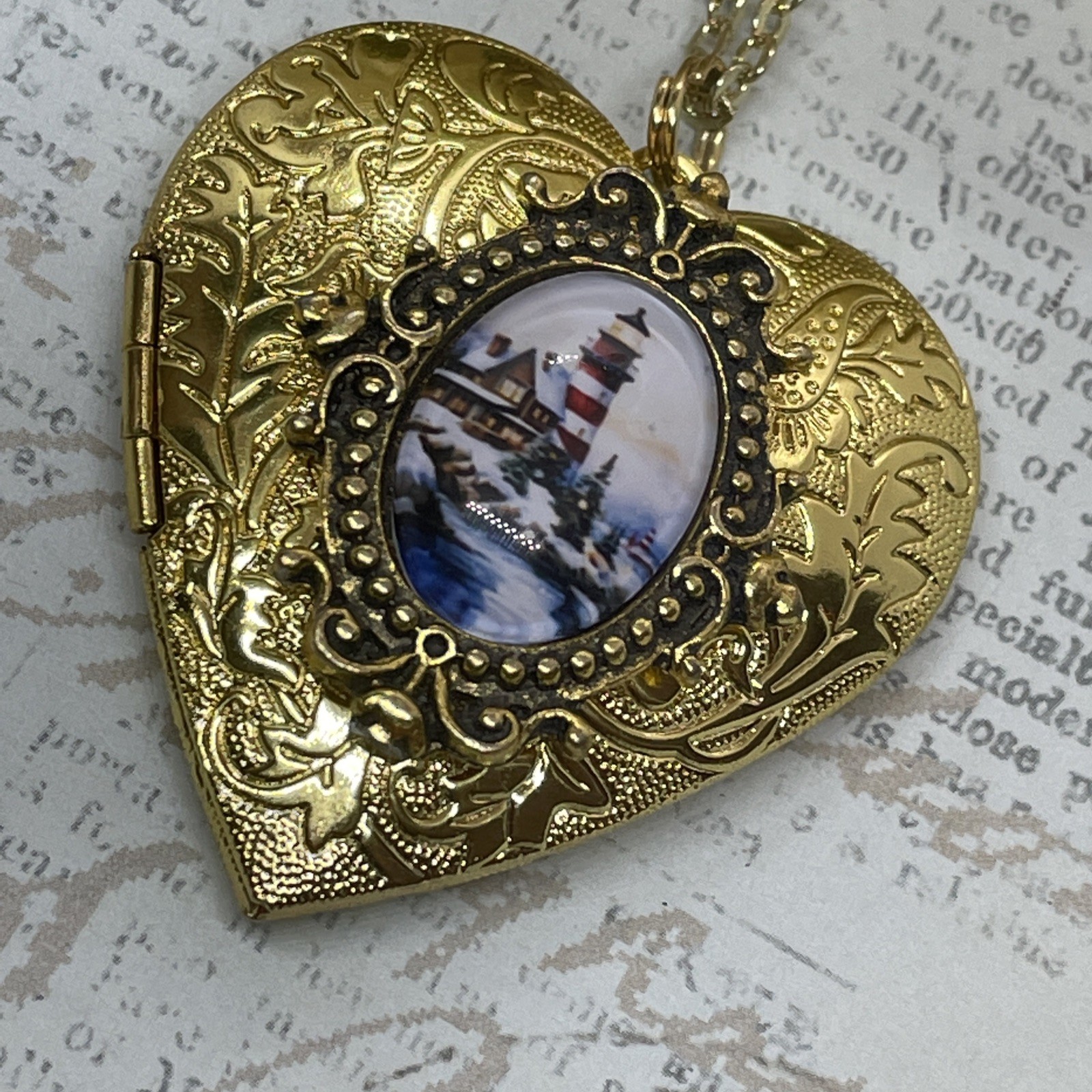 Gold Heart Locket Photo Lighthouse Cottage Sailor Birthday Anniversary Necklace