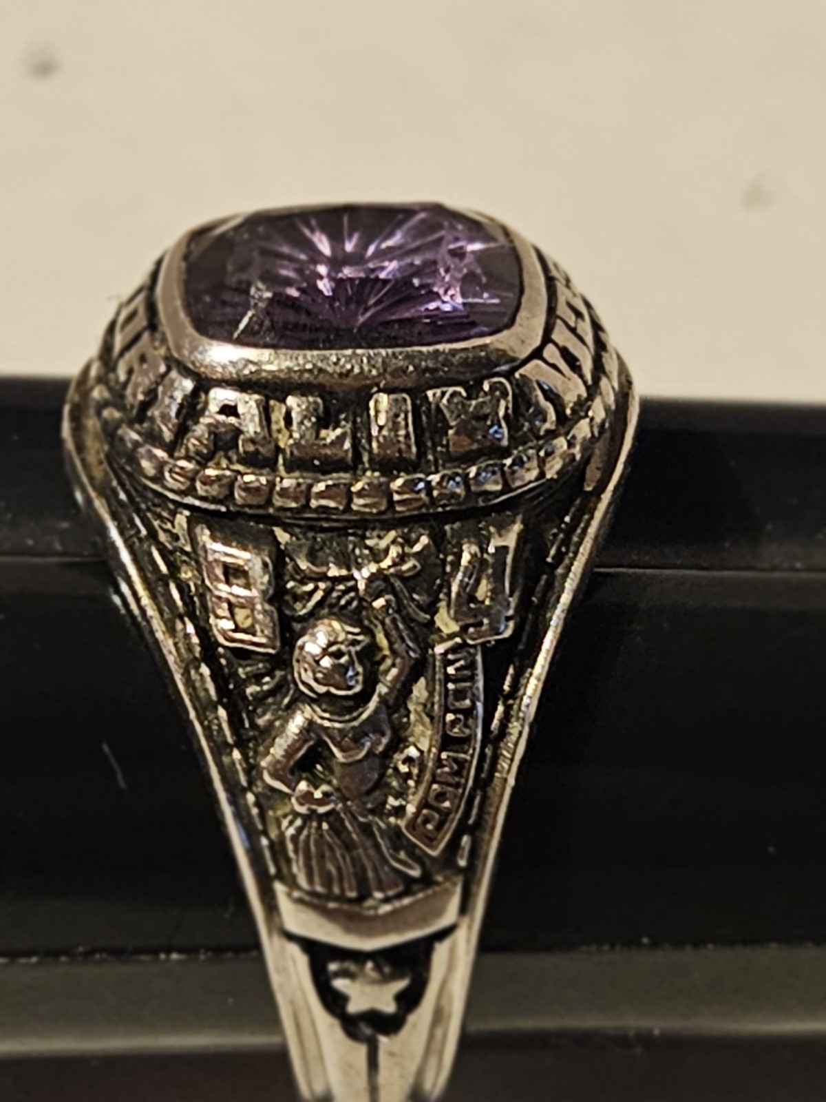 VINTAGE LADIES CLASS RING, SZ. 6.25, JOSTENS LTM, SILVERTONE, PURPLE STONE, 1984