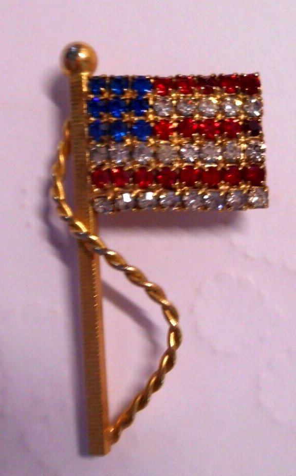 AMERICAN FLAG Pin Brooch Red White Blue Rhinestones Patriotic USA Jewelry