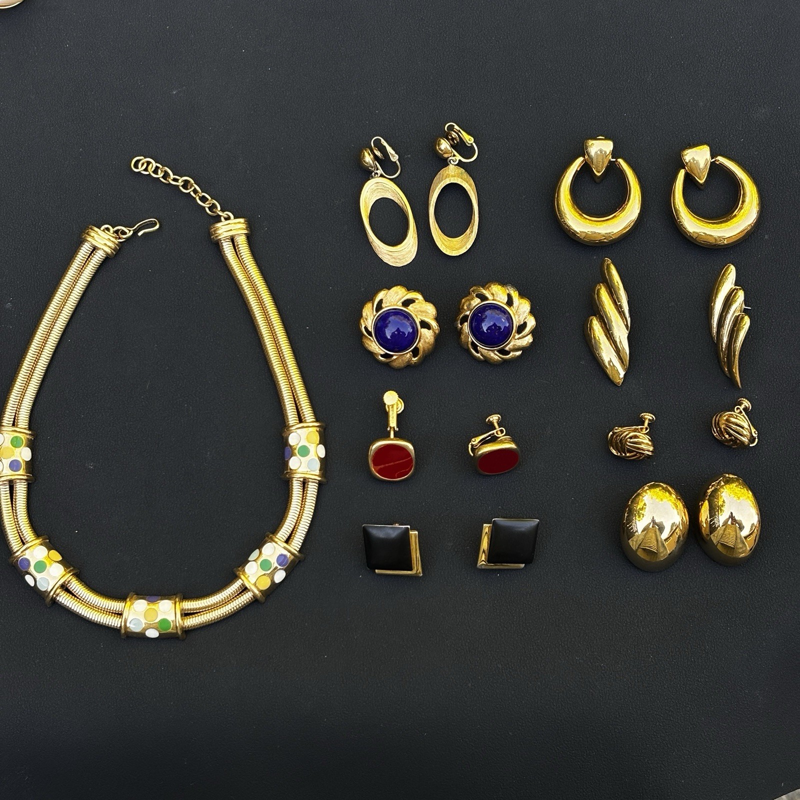 Vintage Monet Trifari Napier Gold Tone Necklace & Clip Earrings Lot 9 Pcs